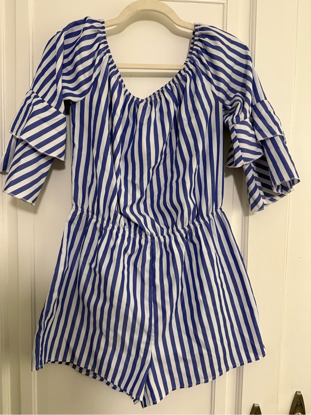 Striped Blue & White Off-Shoulder Romper